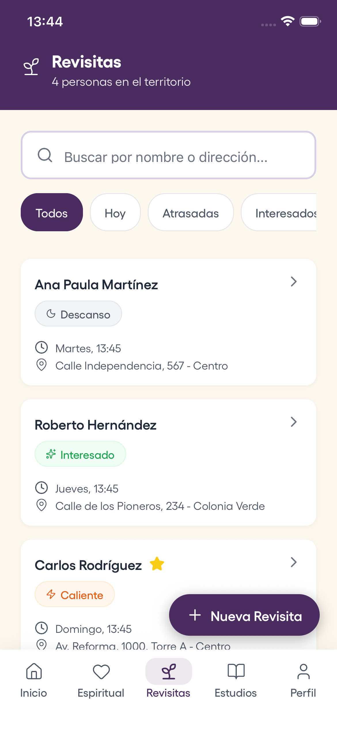 Pantalla de revisitas