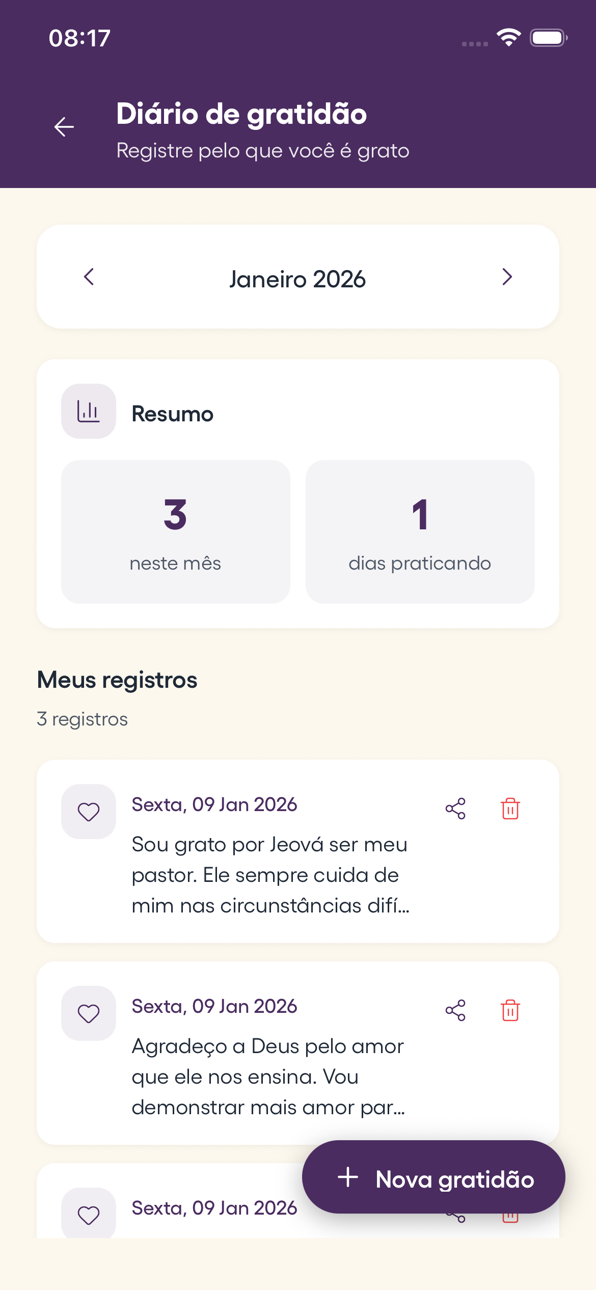 Tela de diário de gratidão