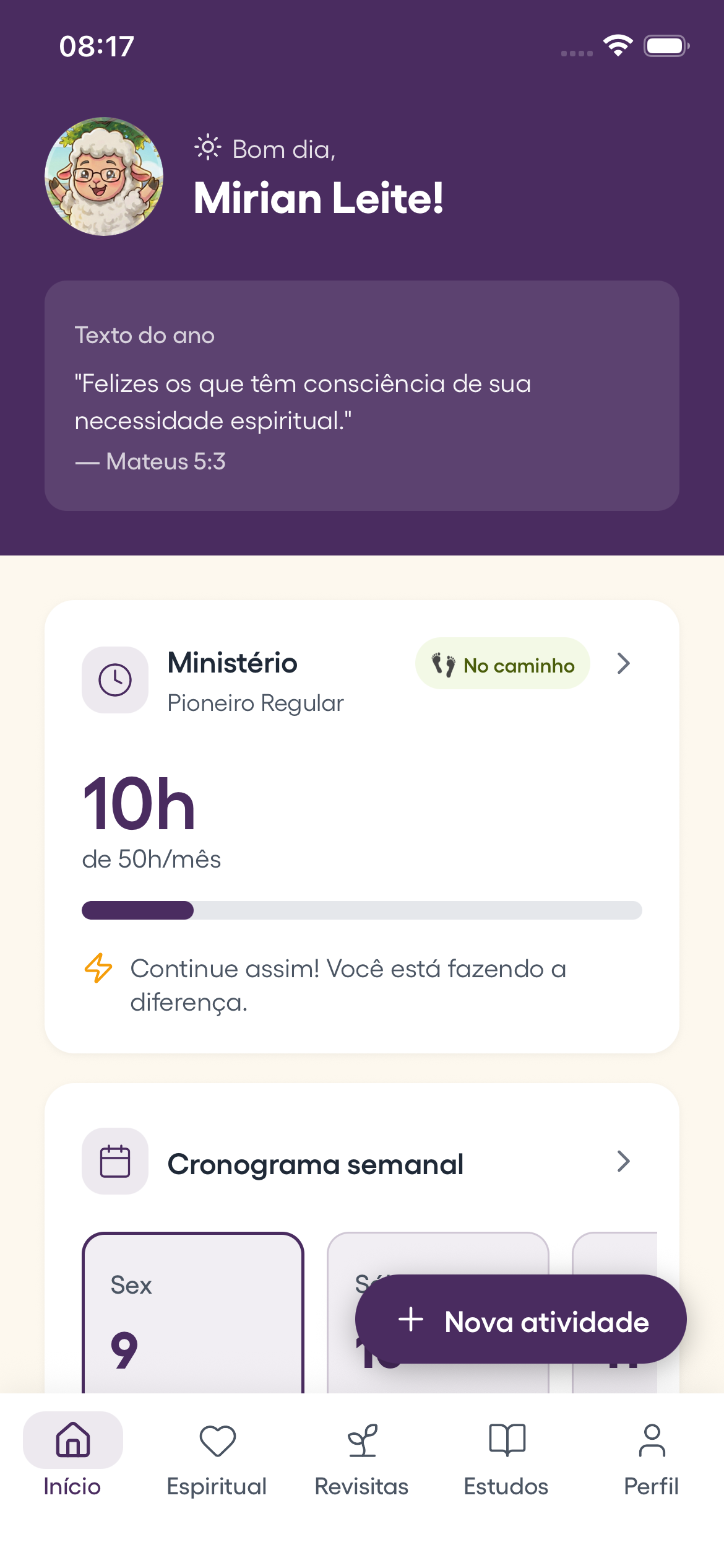 Tela de registro de atividades